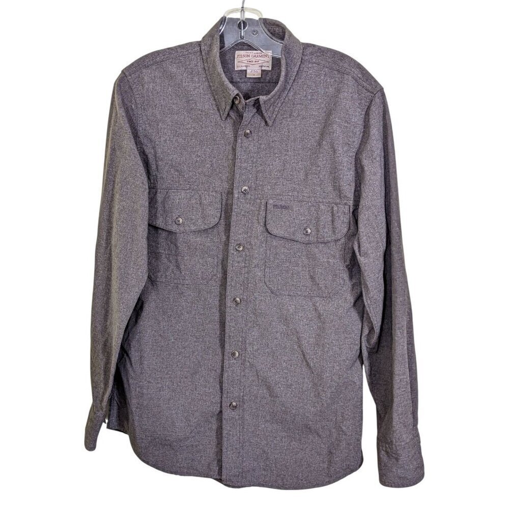 Vintage CC Filson Workshirt Mens S Utility Button Shirt Gray Pockets Long Sleeve
